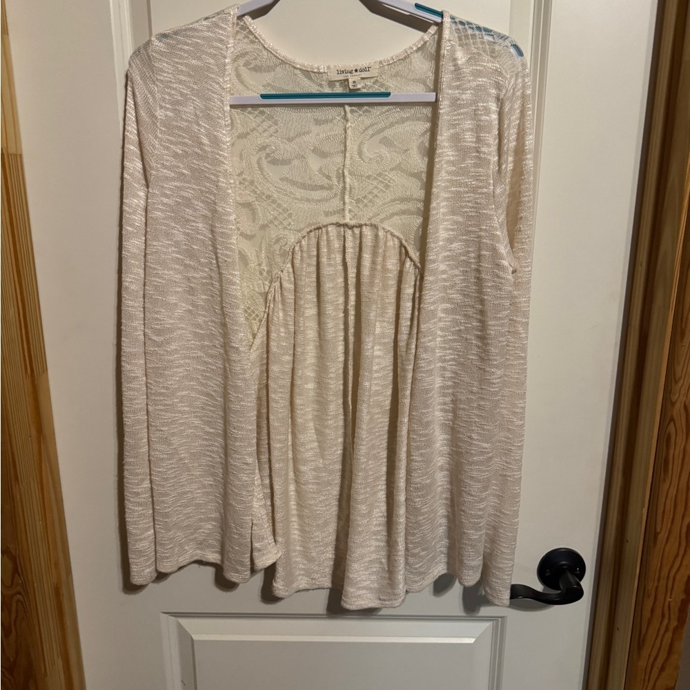 Living Doll Cream‎ Long Sleeve Smocked Tunic Womens Size Medium